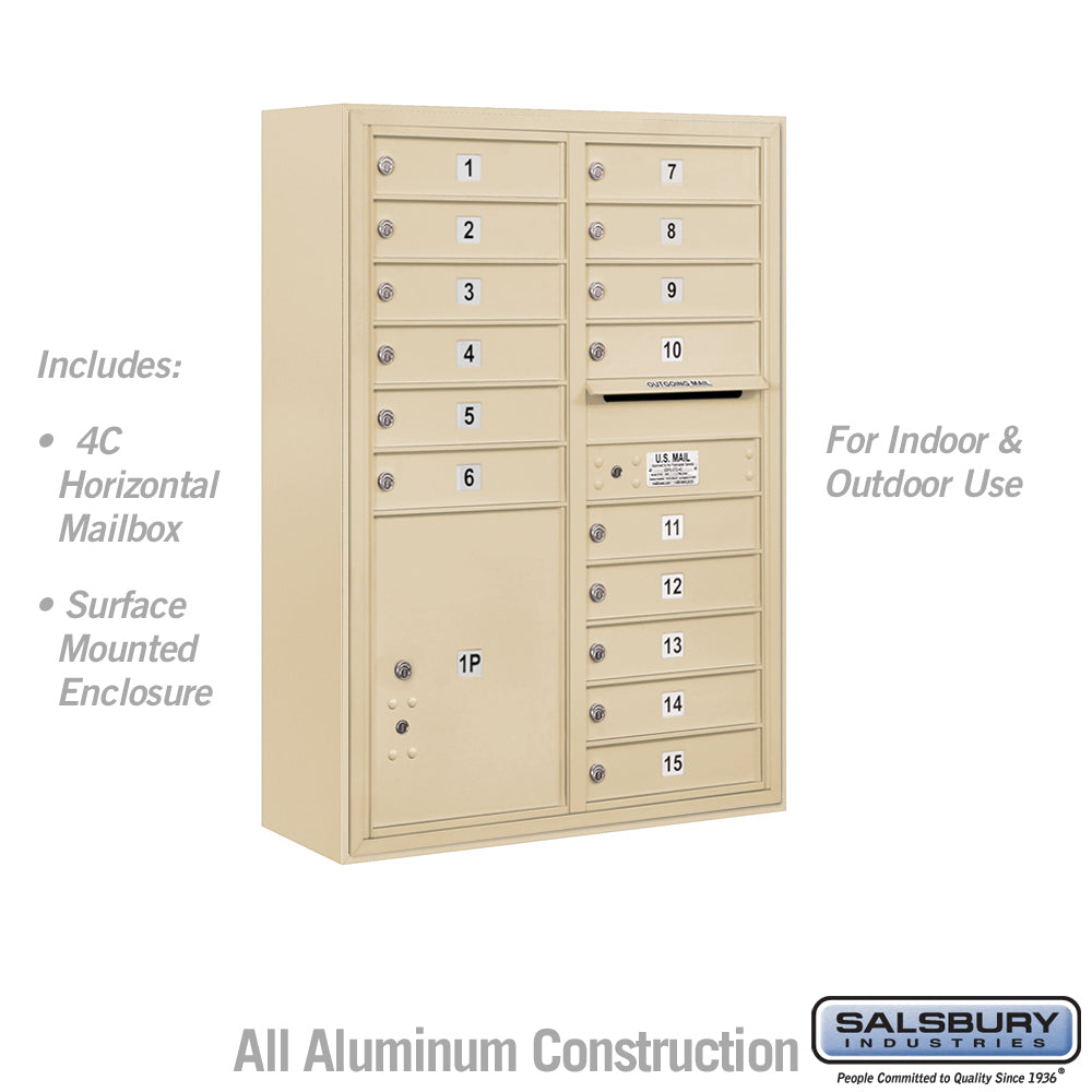 11 Door High Surface Mounted 4C Horizontal Mailbox with 15 Doors and 1 Parcel Locker in Sandstone with USPS Access