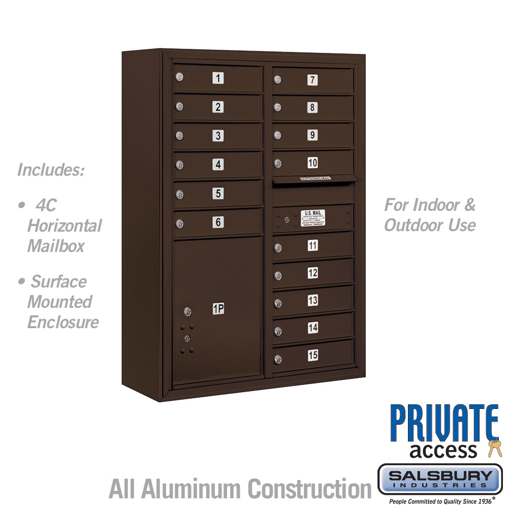 11 Door High Surface Mounted 4C Horizontal Mailbox with 15 Doors and 1 Parcel Locker in Bronze with Private Access