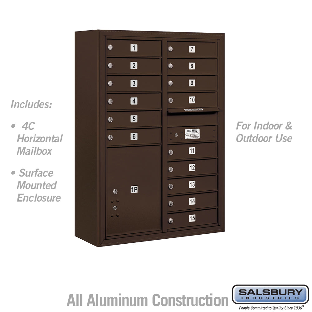 11 Door High Surface Mounted 4C Horizontal Mailbox with 15 Doors and 1 Parcel Locker in Bronze with USPS Access