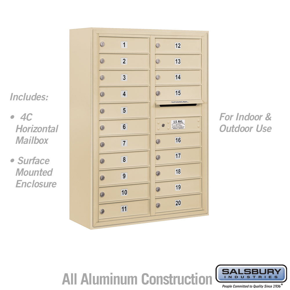 11 Door High Surface Mounted 4C Horizontal Mailbox with 20 Doors in Sandstone with USPS Access