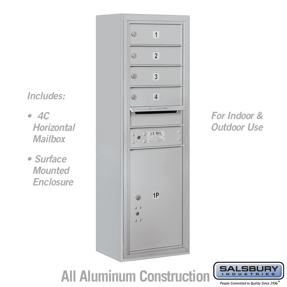 11 Door High Surface Mounted 4C Horizontal Mailbox with 4 Doors and 1 Parcel Locker in Aluminum with USPS Access