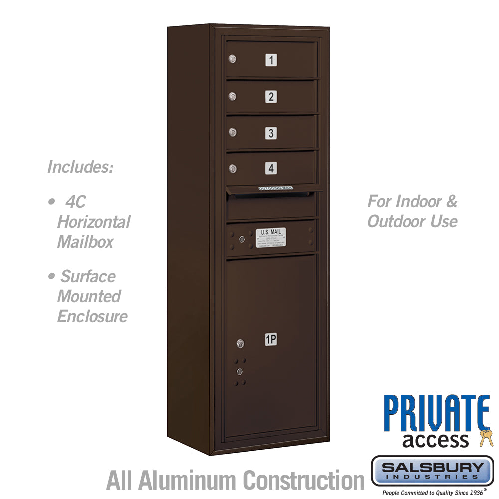 11 Door High Surface Mounted 4C Horizontal Mailbox with 4 Doors and 1 Parcel Locker in Bronze with Private Access