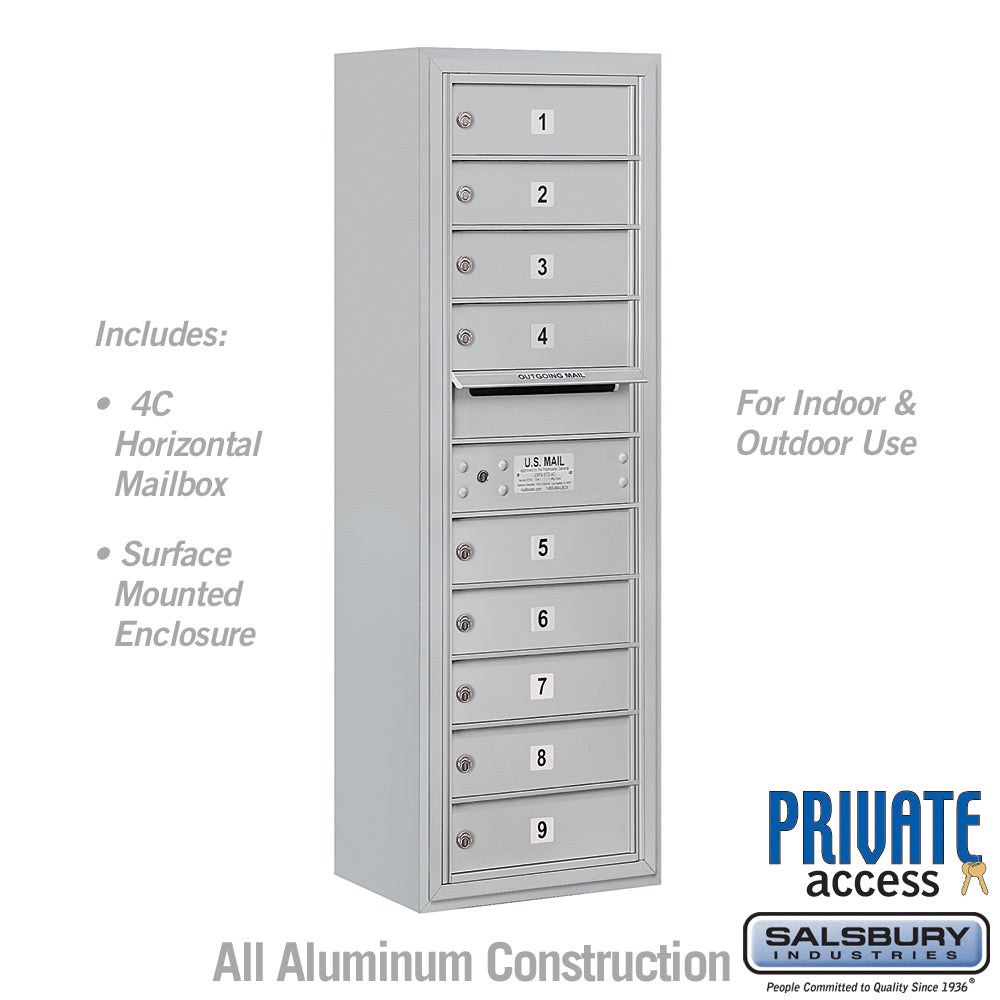 11 Door High Surface Mounted 4C Horizontal Mailbox with 9 Doors in Aluminum with Private Access