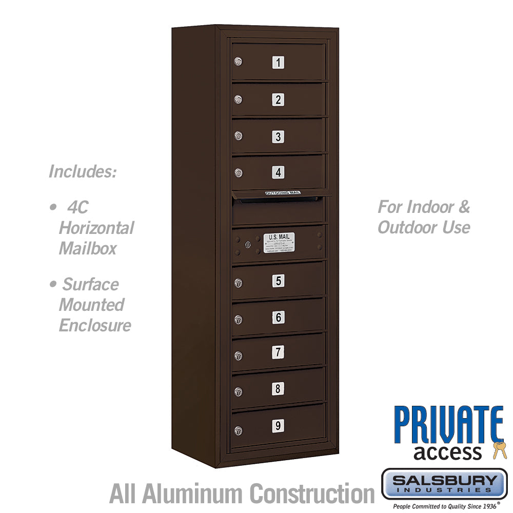 11 Door High Surface Mounted 4C Horizontal Mailbox with 9 Doors in Bronze with Private Access