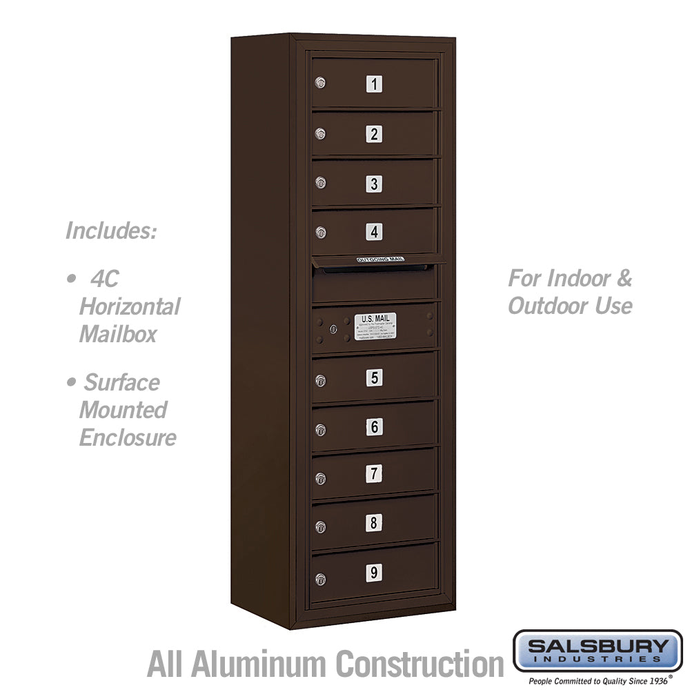 11 Door High Surface Mounted 4C Horizontal Mailbox with 9 Doors in Bronze with USPS Access