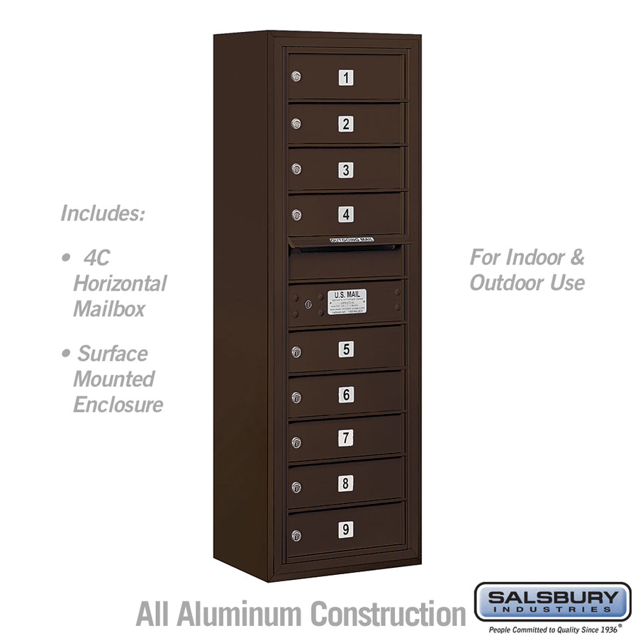 11 Door High Surface Mounted 4C Horizontal Mailbox with 9 Doors in Bronze with USPS Access