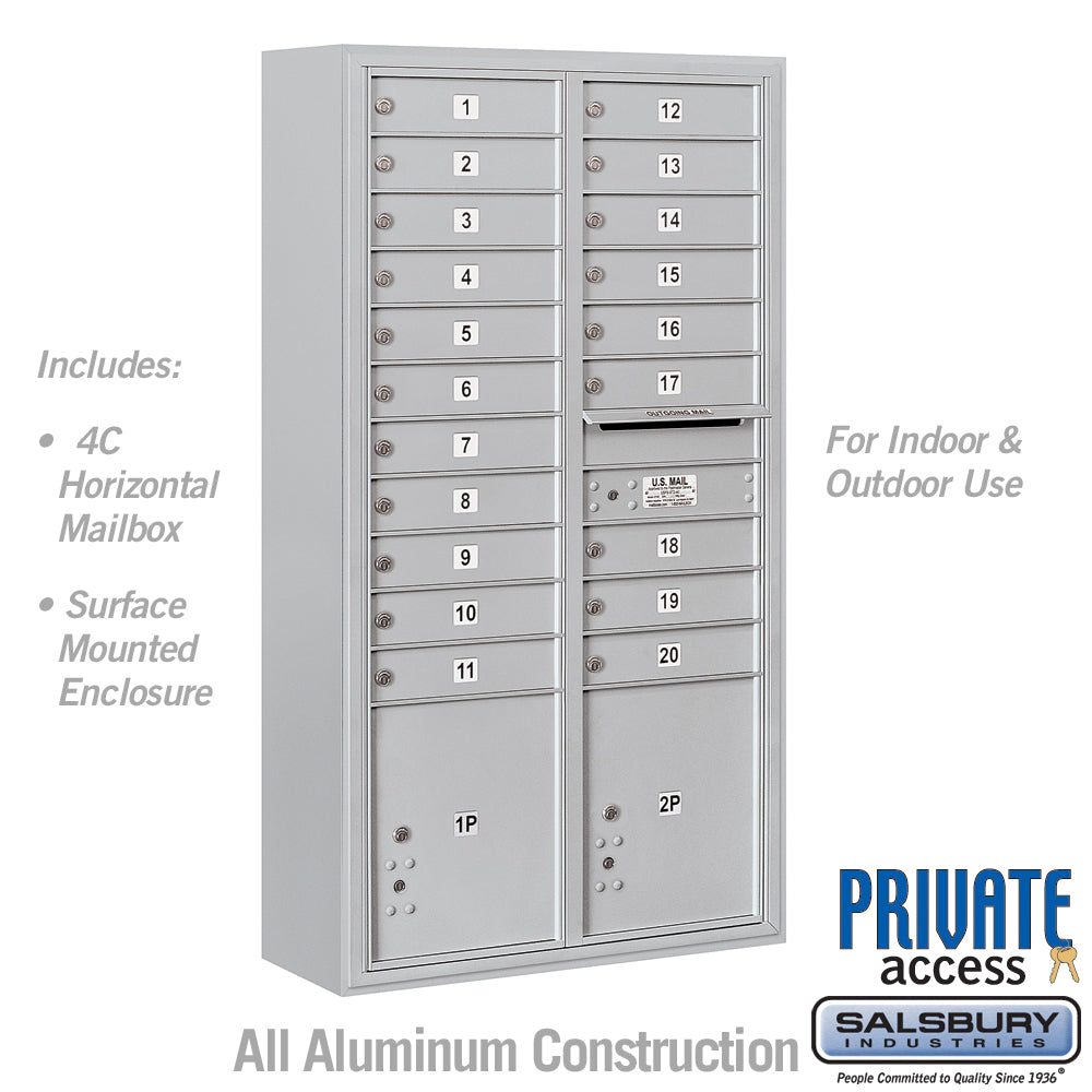 Maximum Height Surface Mounted 4C Horizontal Mailbox with 20 Doors and 2 Parcel Lockers in Aluminum with Private Access