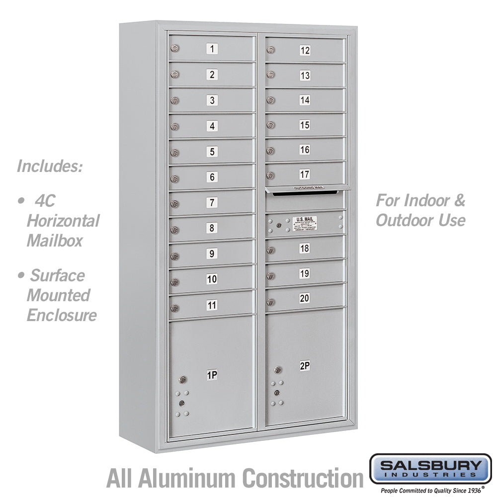 Maximum Height Surface Mounted 4C Horizontal Mailbox with 20 Doors and 2 Parcel Lockers in Aluminum with USPS Access