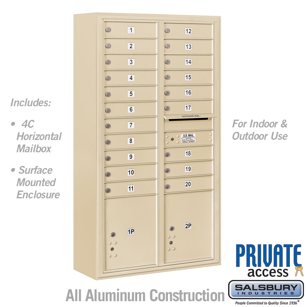 Maximum Height Surface Mounted 4C Horizontal Mailbox with 20 Doors and 2 Parcel Lockers in Sandstone with Private Access