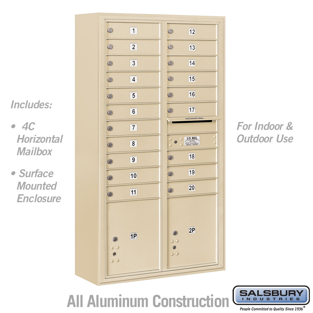 Maximum Height Surface Mounted 4C Horizontal Mailbox with 20 Doors and 2 Parcel Lockers in Sandstone with USPS Access