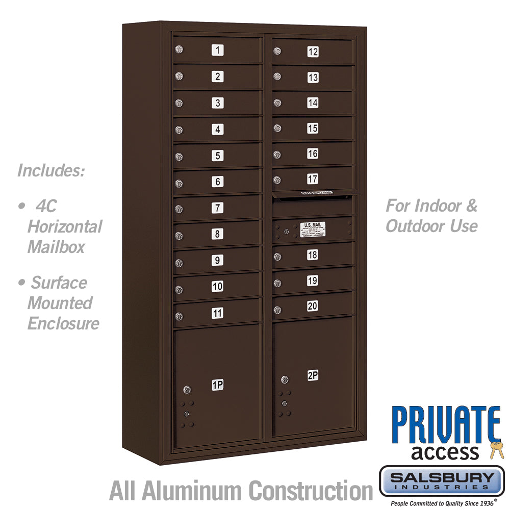 Maximum Height Surface Mounted 4C Horizontal Mailbox with 20 Doors and 2 Parcel Lockers in Bronze with Private Access