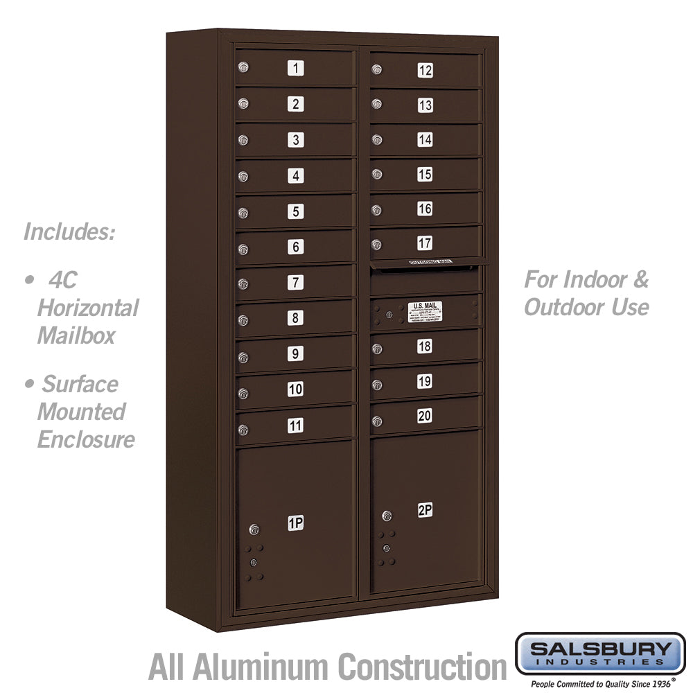 Maximum Height Surface Mounted 4C Horizontal Mailbox with 20 Doors and 2 Parcel Lockers in Bronze with USPS Access