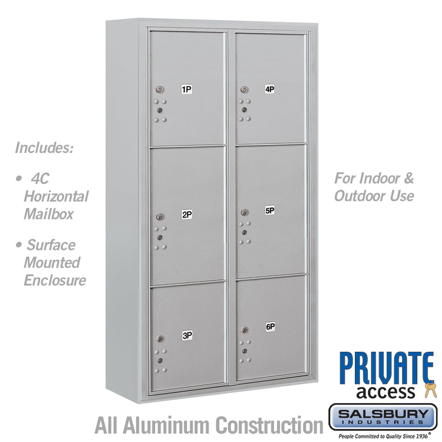 Maximum Height Surface Mounted 4C Horizontal Parcel Locker with 6 Parcel Lockers in Aluminum with Private Access