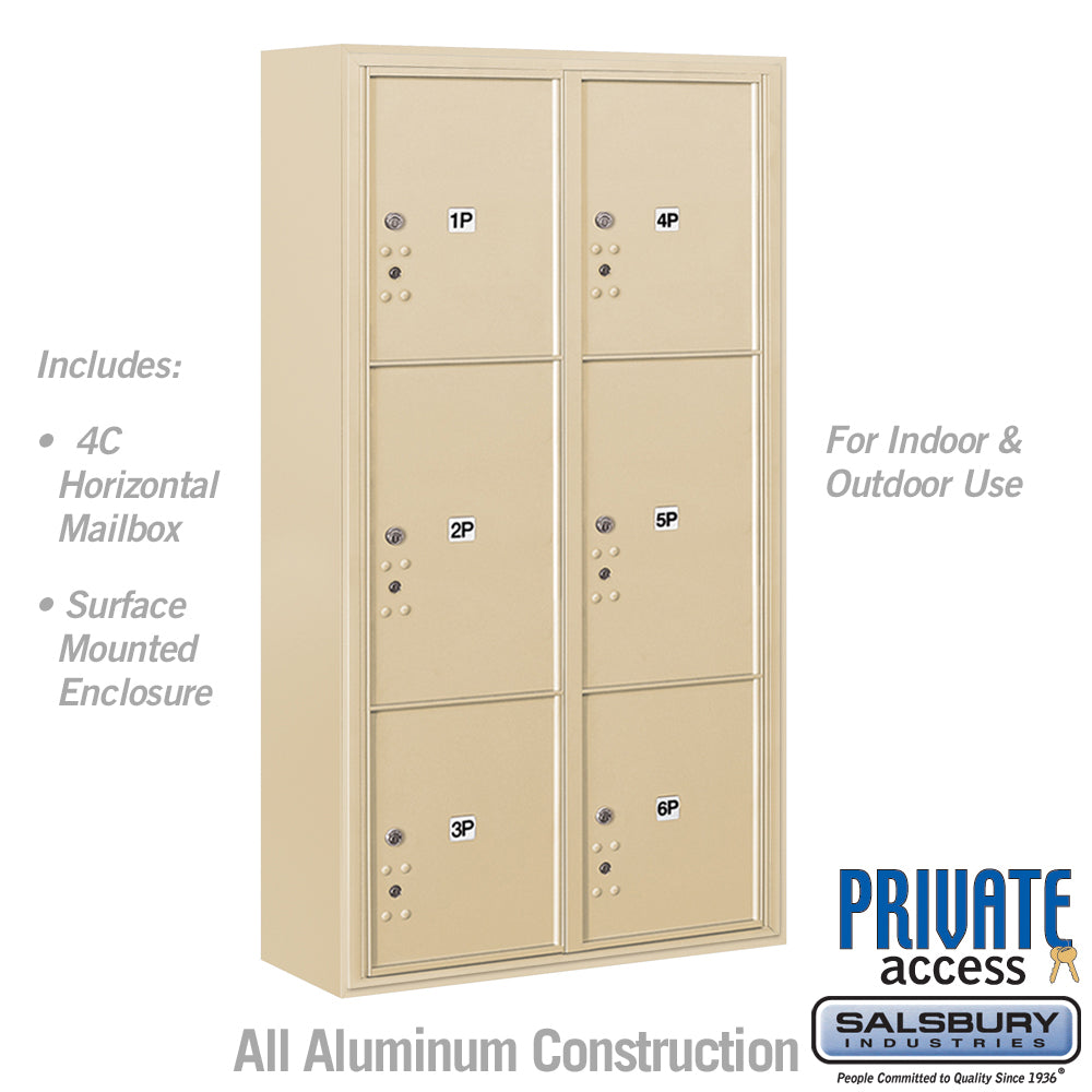 Maximum Height Surface Mounted 4C Horizontal Parcel Locker with 6 Parcel Lockers in Sandstone with Private Access