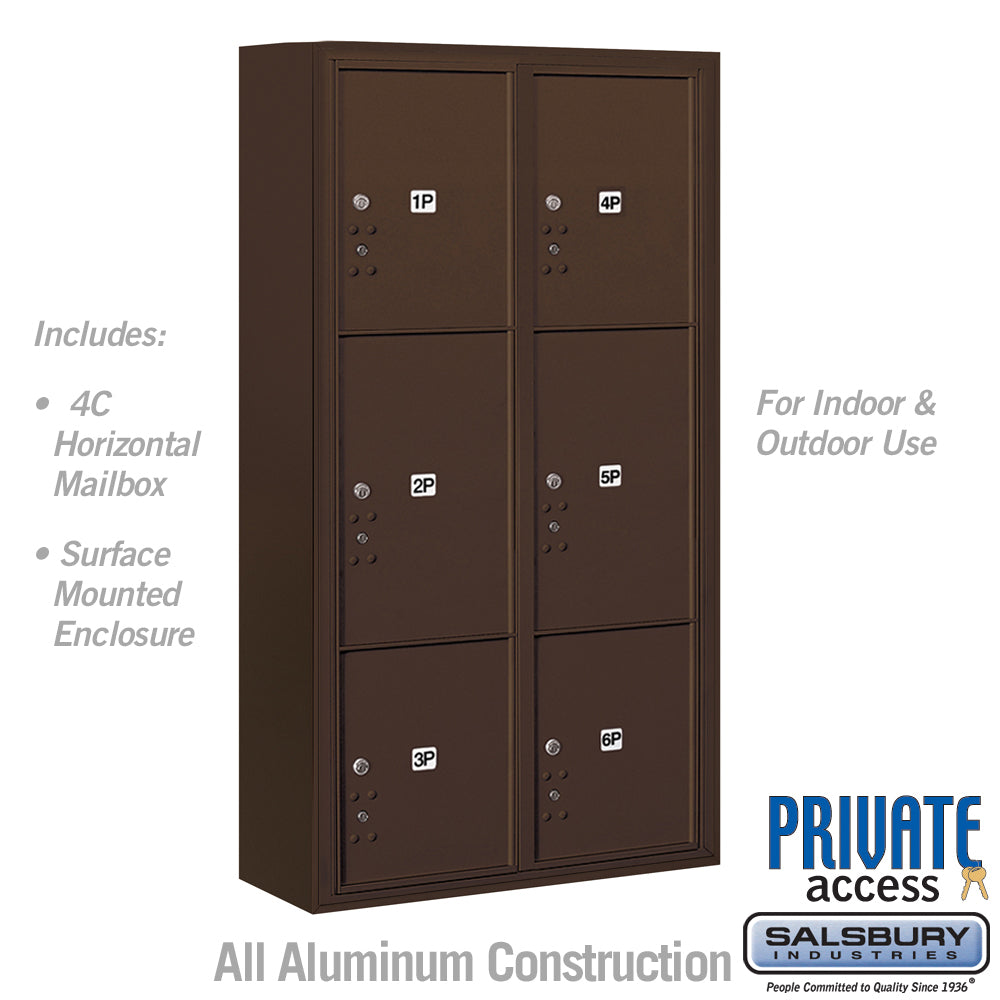 Maximum Height Surface Mounted 4C Horizontal Parcel Locker with 6 Parcel Lockers in Bronze with Private Access