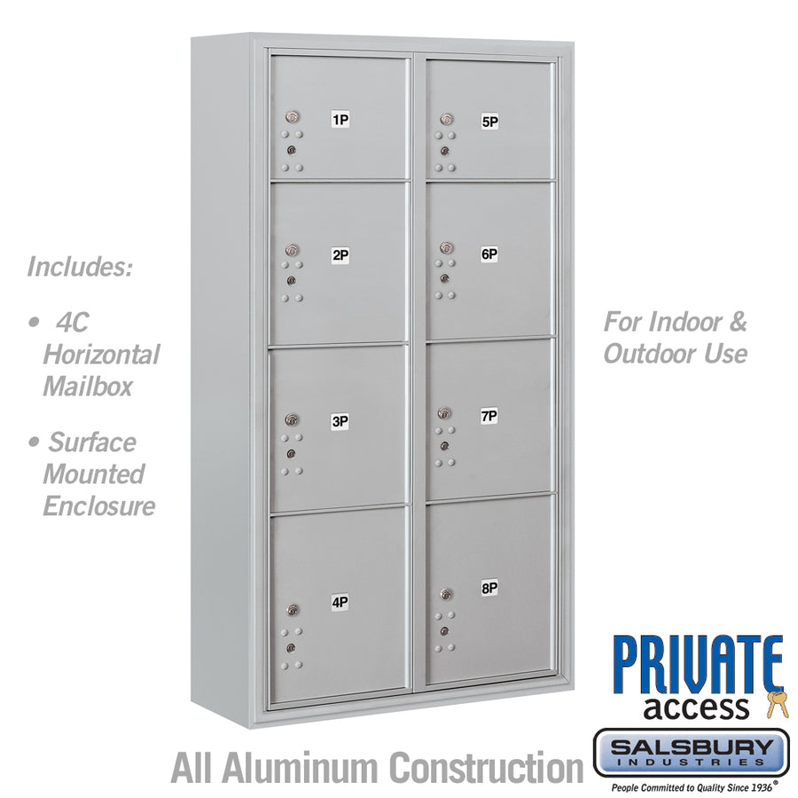 Maximum Height Surface Mounted 4C Horizontal Parcel Locker with 8 Parcel Lockers in Aluminum with Private Access