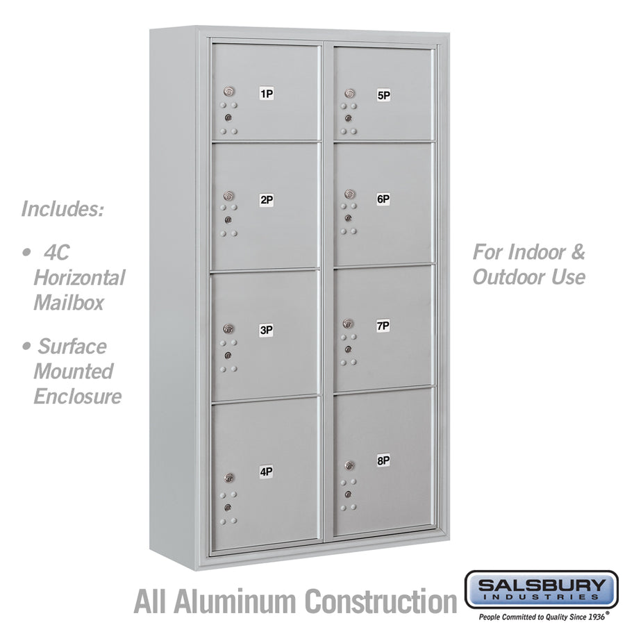 Maximum Height Surface Mounted 4C Horizontal Parcel Locker with 8 Parcel Lockers in Aluminum with USPS Access