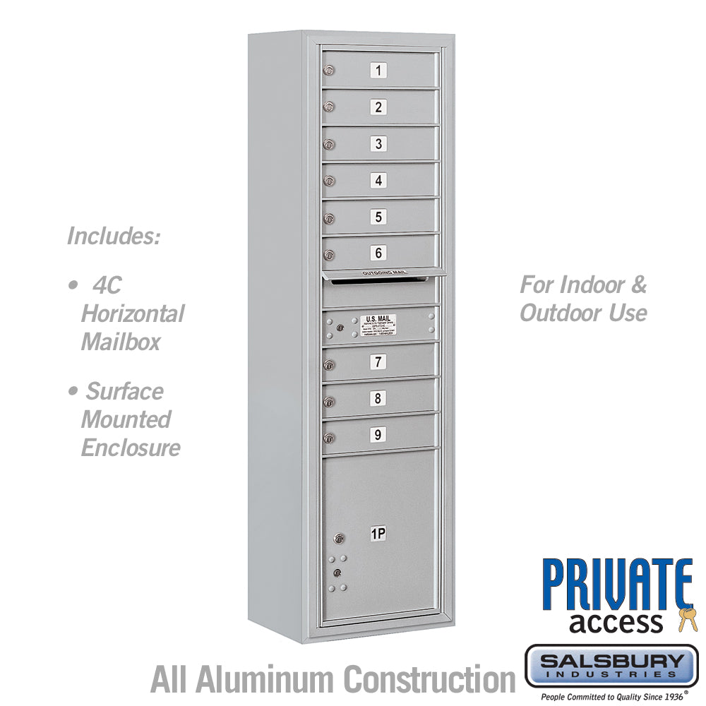 Maximum Height Surface Mounted 4C Horizontal Mailbox with 9 Doors and 1 Parcel Locker in Aluminum with Private Access