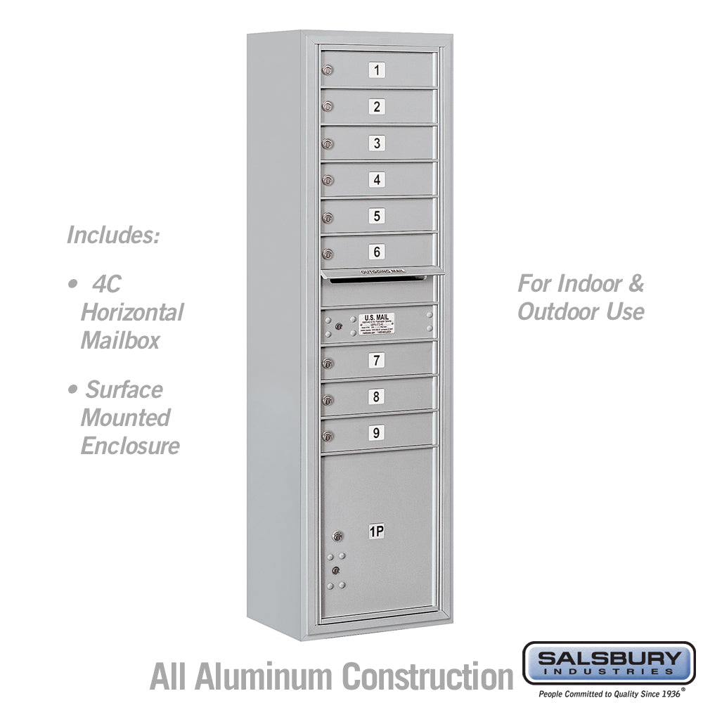 Maximum Height Surface Mounted 4C Horizontal Mailbox with 9 Doors and 1 Parcel Locker in Aluminum with USPS Access