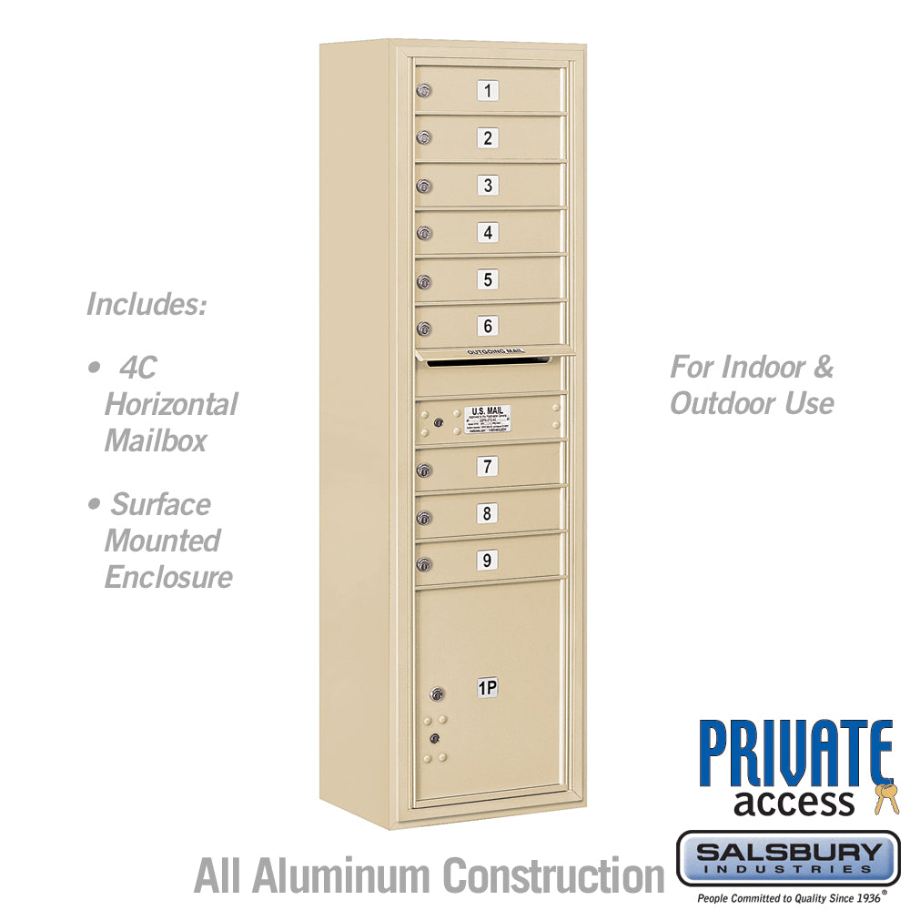 Maximum Height Surface Mounted 4C Horizontal Mailbox with 9 Doors and 1 Parcel Locker in Sandstone with Private Access