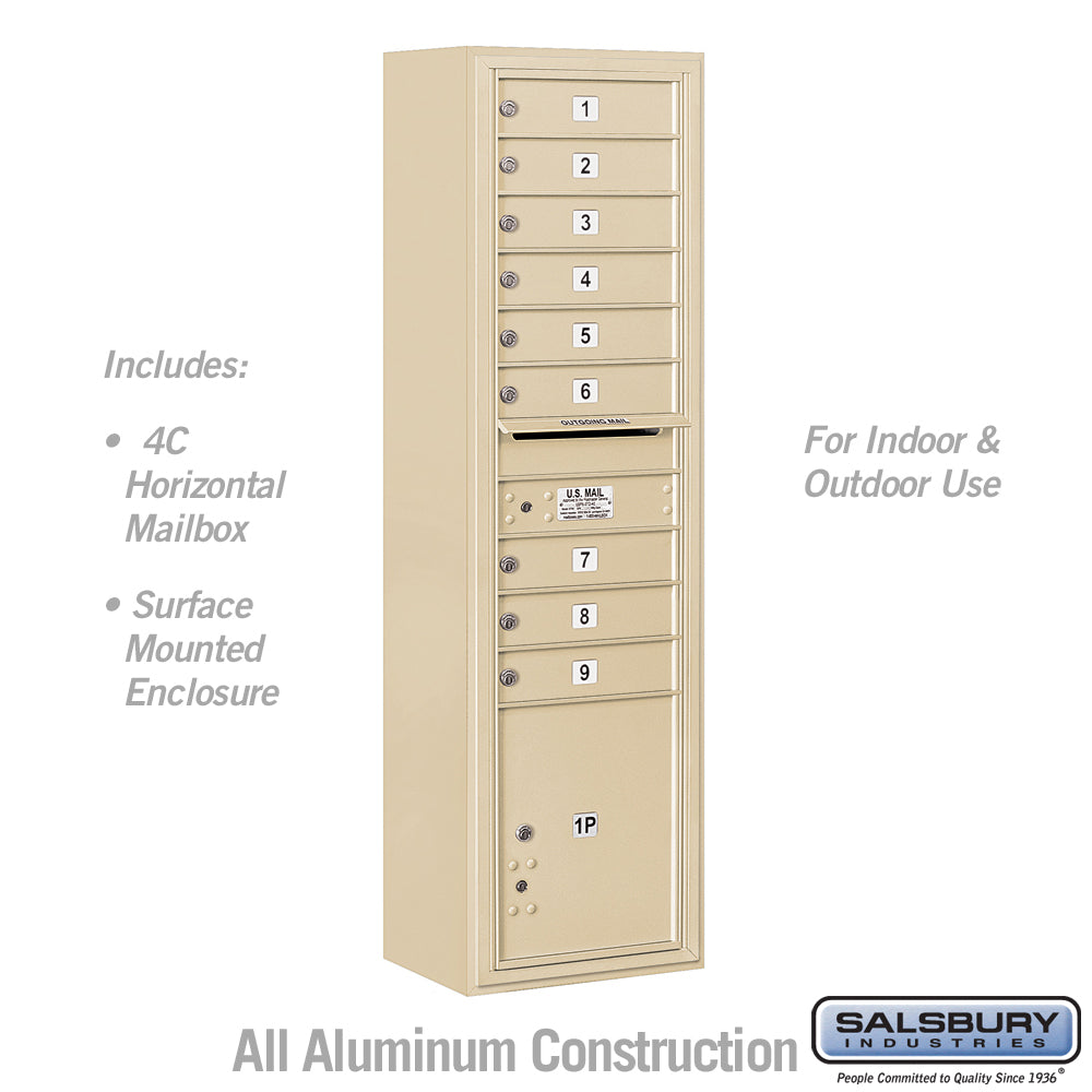 Maximum Height Surface Mounted 4C Horizontal Mailbox with 9 Doors and 1 Parcel Locker in Sandstone with USPS Access