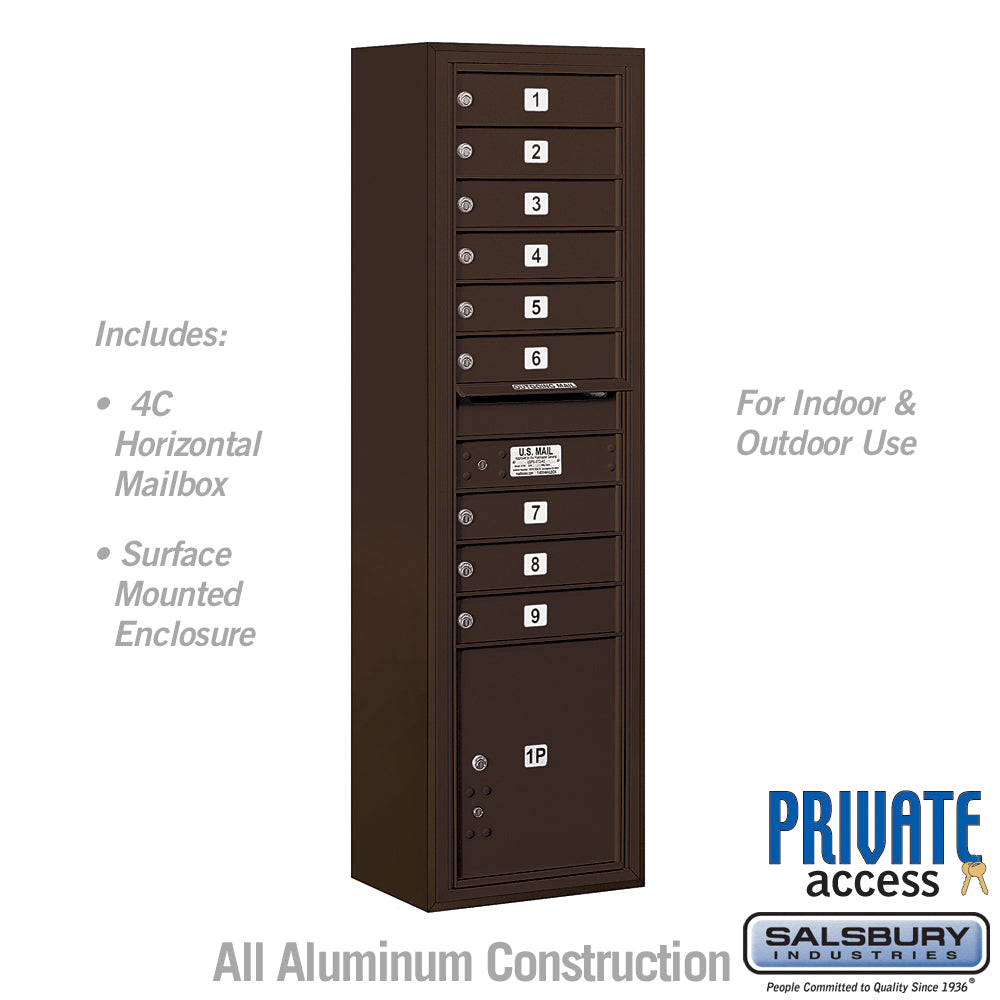 Maximum Height Surface Mounted 4C Horizontal Mailbox with 9 Doors and 1 Parcel Locker in Bronze with Private Access