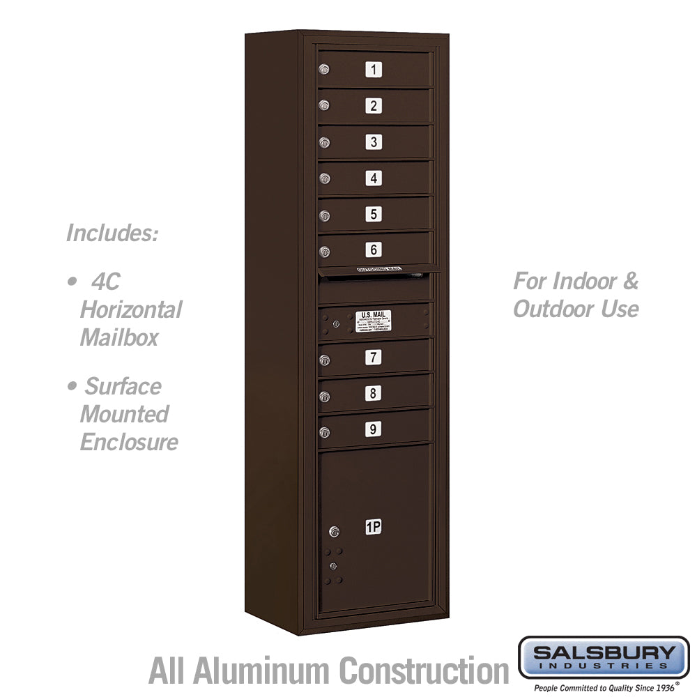 Maximum Height Surface Mounted 4C Horizontal Mailbox with 9 Doors and 1 Parcel Locker in Bronze with USPS Access