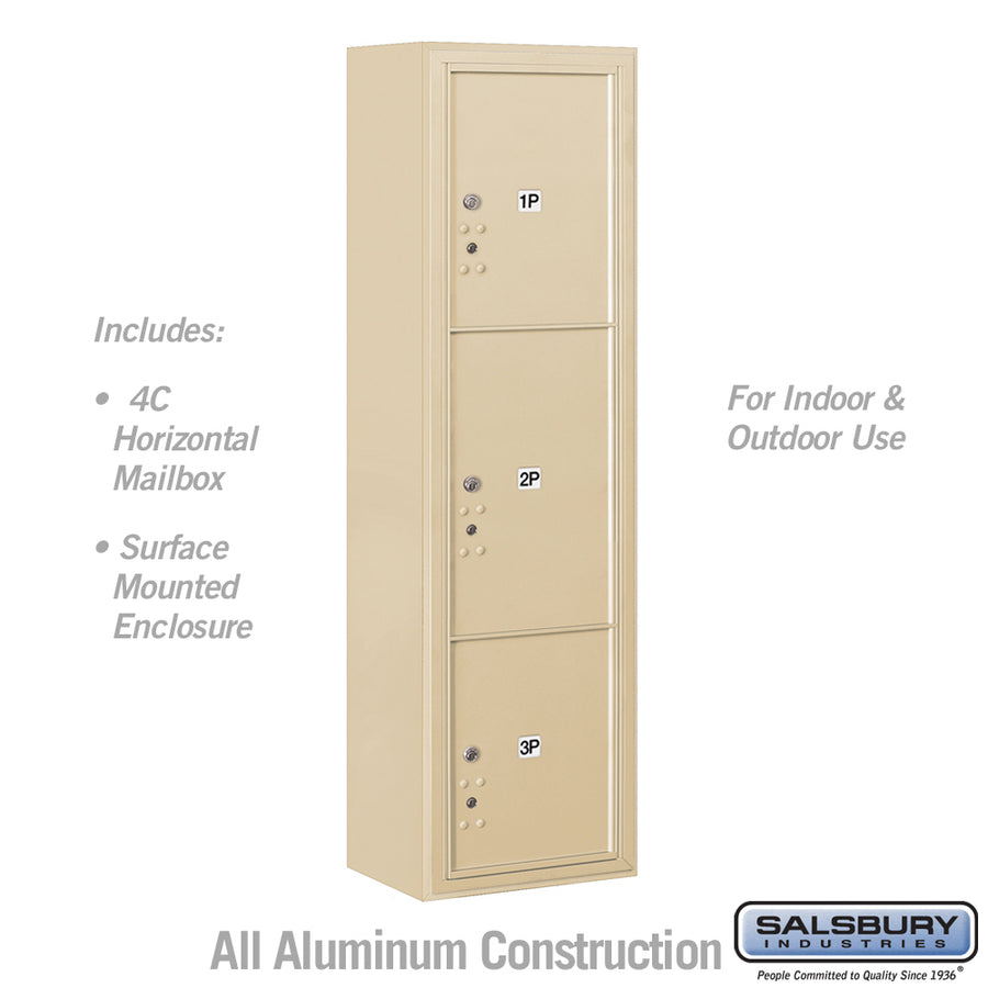 Maximum Height Surface Mounted 4C Horizontal Parcel Locker with 3 Parcel Lockers in Sandstone with USPS Access