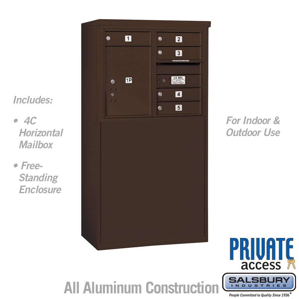 6 Door High Free-Standing 4C Horizontal Mailbox with 5 Doors and 1 Parcel Locker in Bronze with Private Access