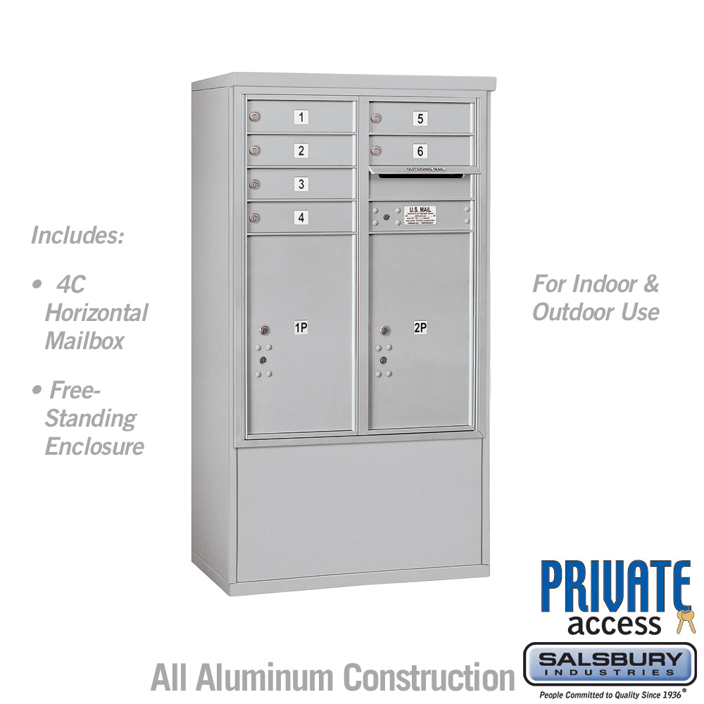 10 Door High Free-Standing 4C Horizontal Mailbox with 6 Doors and 2 Parcel Lockers in Aluminum with Private Access