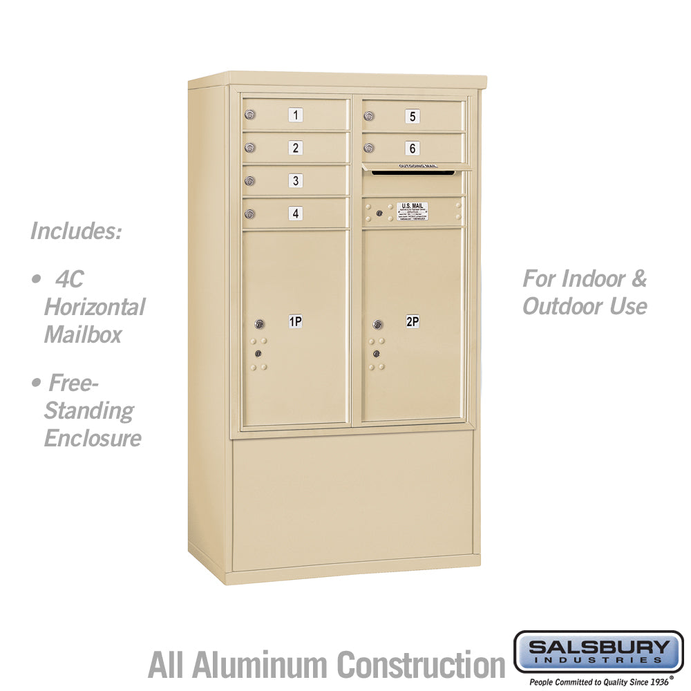 10 Door High Free-Standing 4C Horizontal Mailbox with 6 Doors and 2 Parcel Lockers in Sandstone with USPS Access