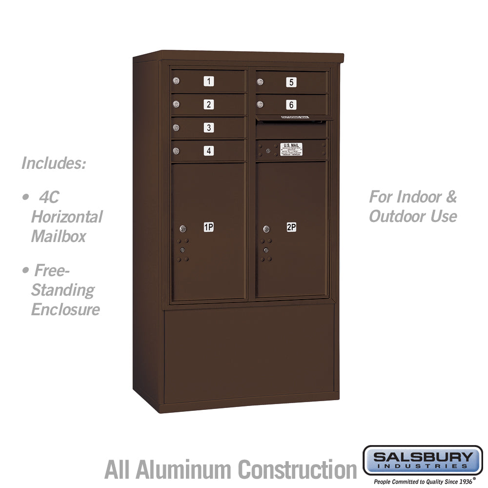 10 Door High Free-Standing 4C Horizontal Mailbox with 6 Doors and 2 Parcel Lockers in Bronze with USPS Access