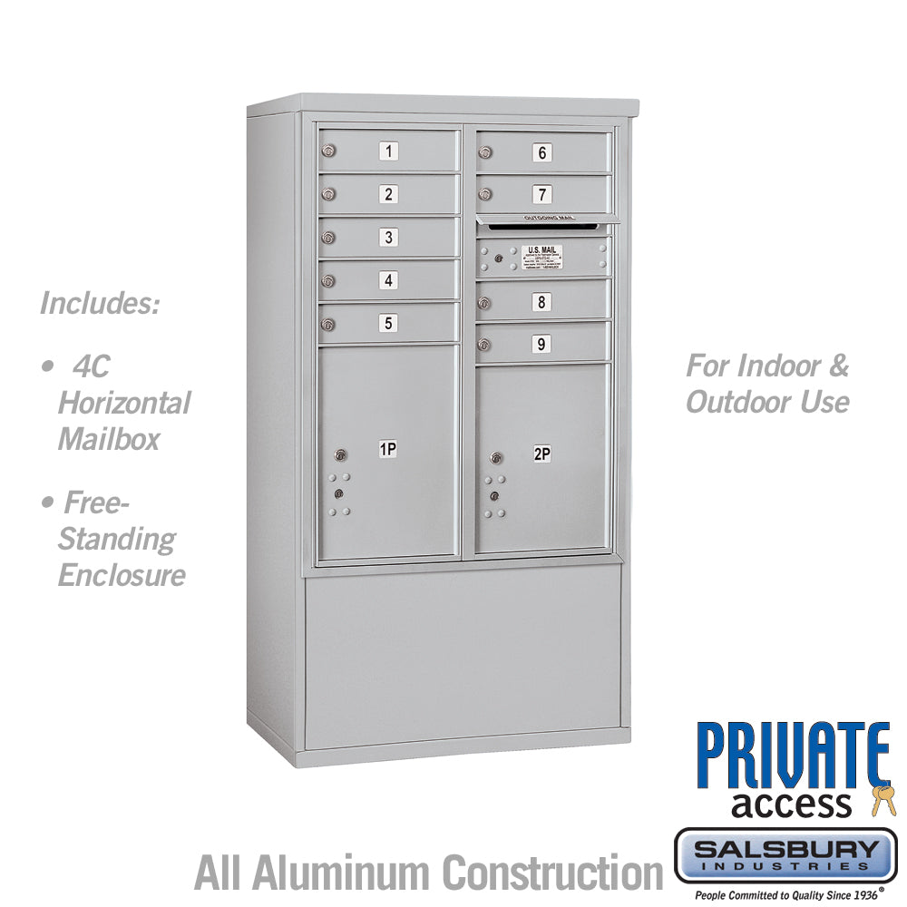 10 Door High Free-Standing 4C Horizontal Mailbox with 9 Doors and 2 Parcel Lockers in Aluminum with Private Access