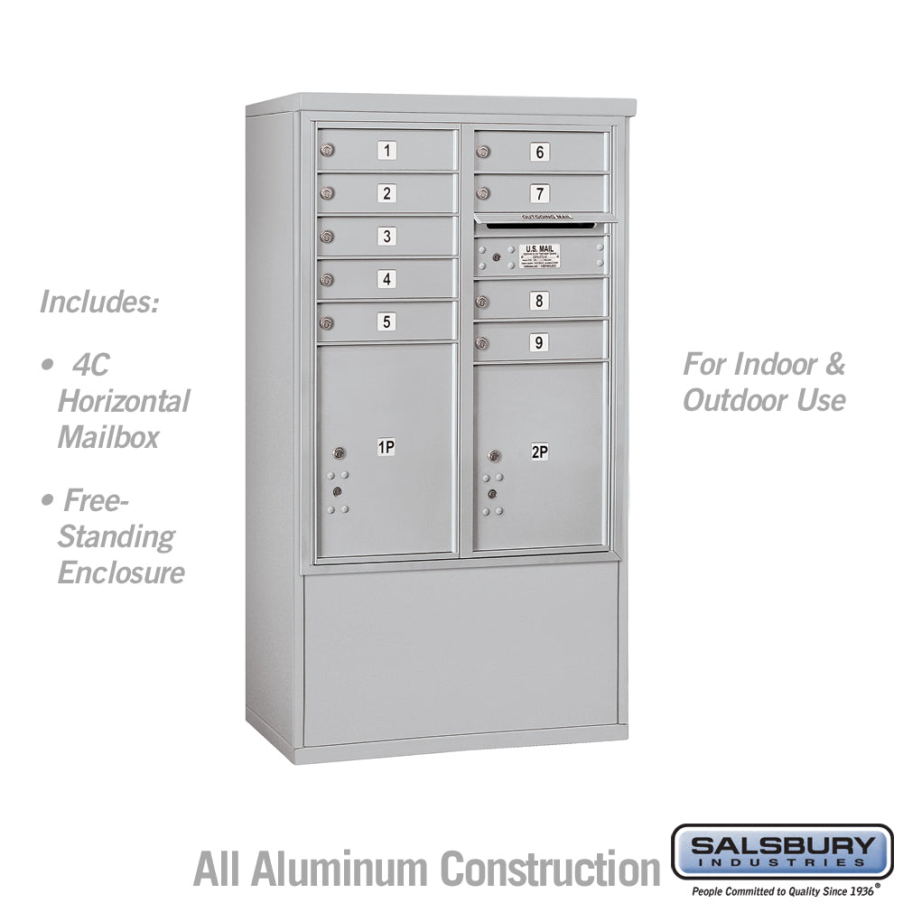 10 Door High Free-Standing 4C Horizontal Mailbox with 9 Doors and 2 Parcel Lockers in Aluminum with USPS Access