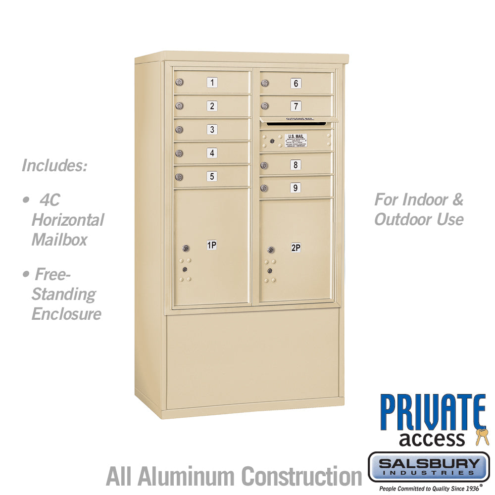 10 Door High Free-Standing 4C Horizontal Mailbox with 9 Doors and 2 Parcel Lockers in Sandstone with Private Access