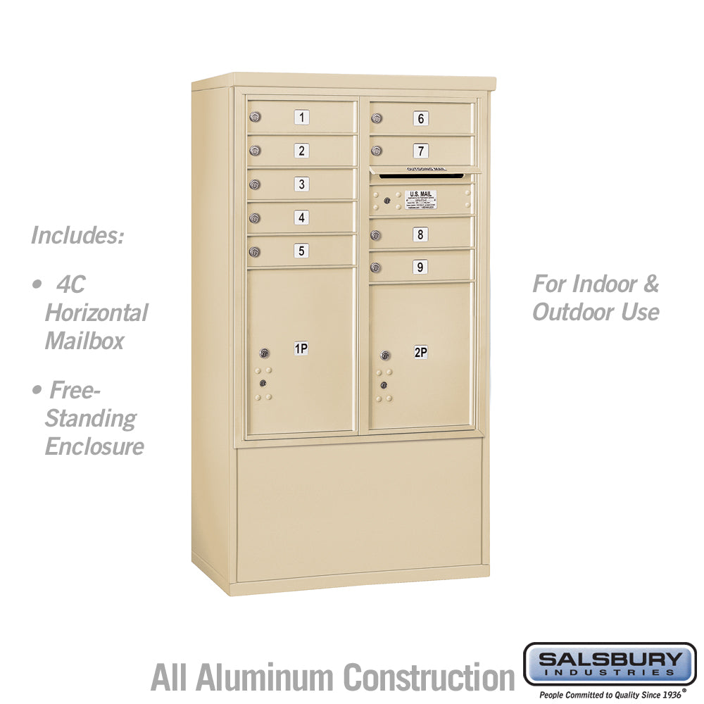 10 Door High Free-Standing 4C Horizontal Mailbox with 9 Doors and 2 Parcel Lockers in Sandstone with USPS Access