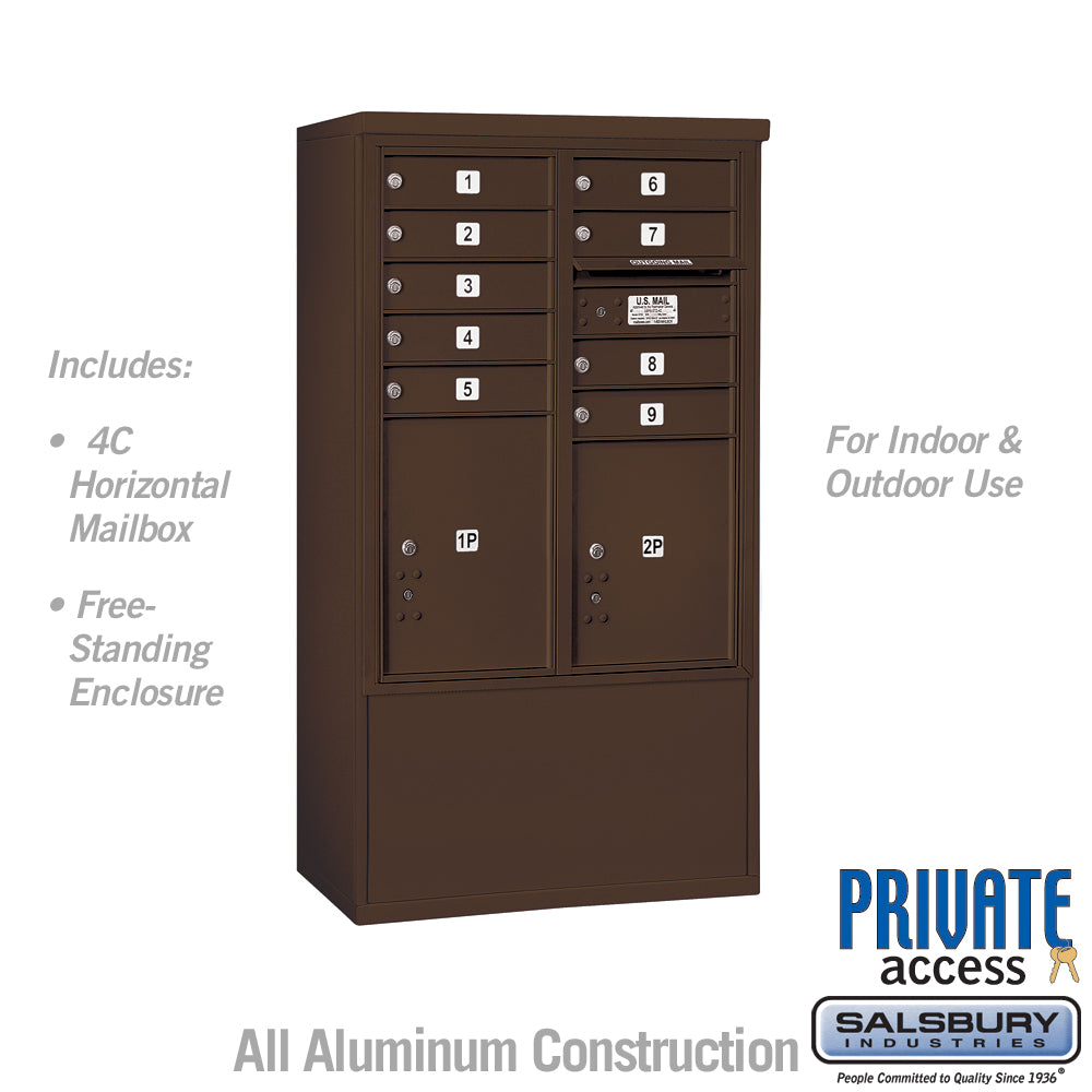10 Door High Free-Standing 4C Horizontal Mailbox with 9 Doors and 2 Parcel Lockers in Bronze with Private Access