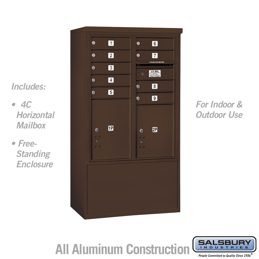 10 Door High Free-Standing 4C Horizontal Mailbox with 9 Doors and 2 Parcel Lockers in Bronze with USPS Access