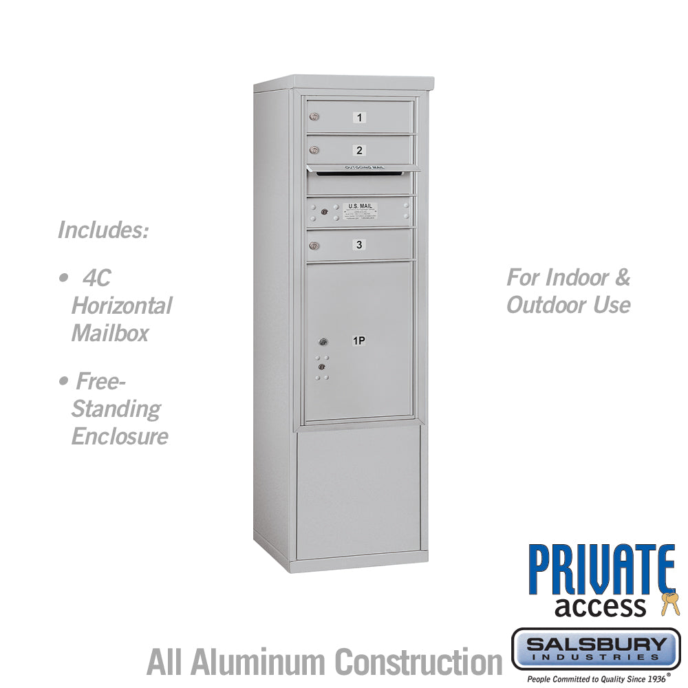 10 Door High Free-Standing 4C Horizontal Mailbox with 3 Doors and 1 Parcel Locker in Aluminum with Private Access