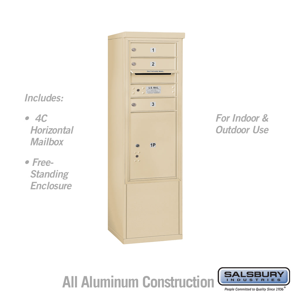 10 Door High Free-Standing 4C Horizontal Mailbox with 3 Doors and 1 Parcel Locker in Sandstone with USPS Access