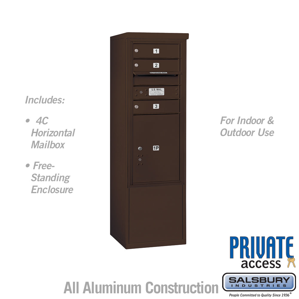 10 Door High Free-Standing 4C Horizontal Mailbox with 3 Doors and 1 Parcel Locker in Bronze with Private Access