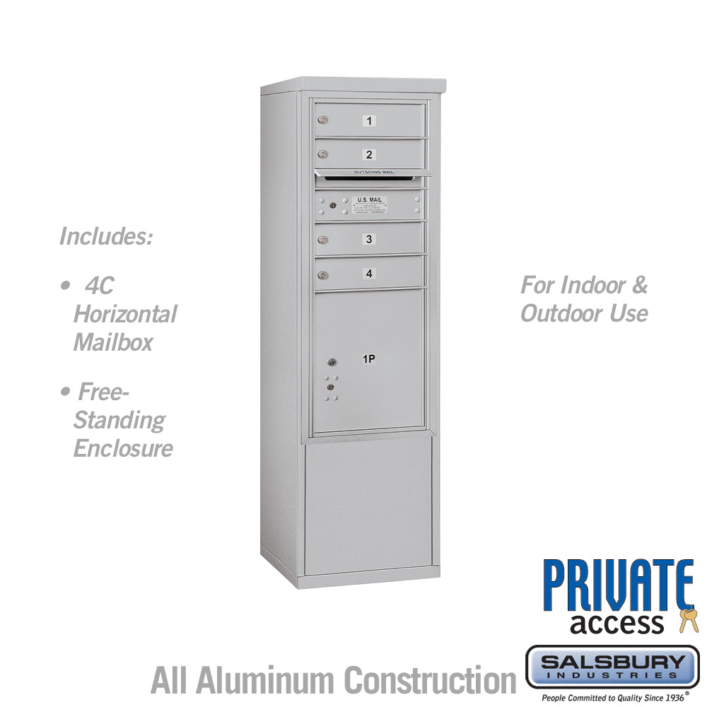 10 Door High Free-Standing 4C Horizontal Mailbox with 4 Doors and 1 Parcel Locker in Aluminum with Private Access