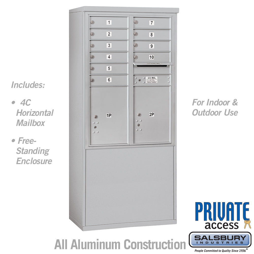 11 Door High Free-Standing 4C Horizontal Mailbox with 10 Doors and 2 Parcel Lockers in Aluminum with Private Access