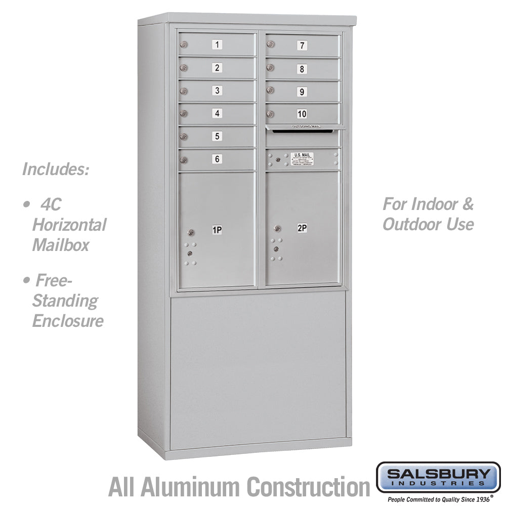 11 Door High Free-Standing 4C Horizontal Mailbox with 10 Doors and 2 Parcel Lockers in Aluminum with USPS Access