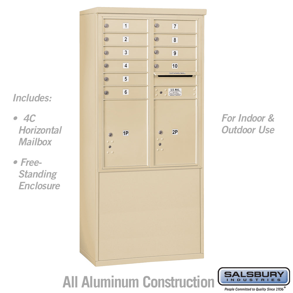 11 Door High Free-Standing 4C Horizontal Mailbox with 10 Doors and 2 Parcel Lockers in Sandstone with USPS Access