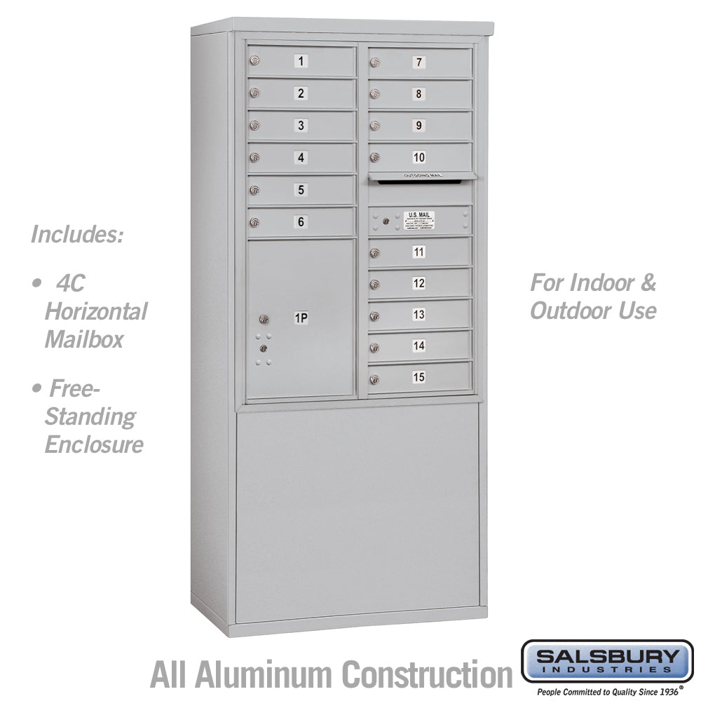 11 Door High Free-Standing 4C Horizontal Mailbox with 15 Doors and 1 Parcel Locker in Aluminum with USPS Access