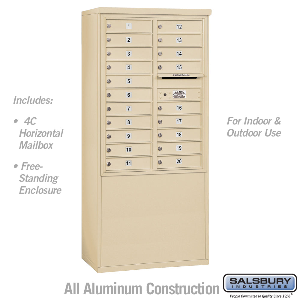 11 Door High Free-Standing 4C Horizontal Mailbox with 20 Doors in Sandstone with USPS Access