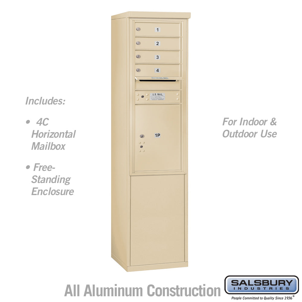 11 Door High Free-Standing 4C Horizontal Mailbox with 4 Doors and 1 Parcel Locker in Sandstone with USPS Access