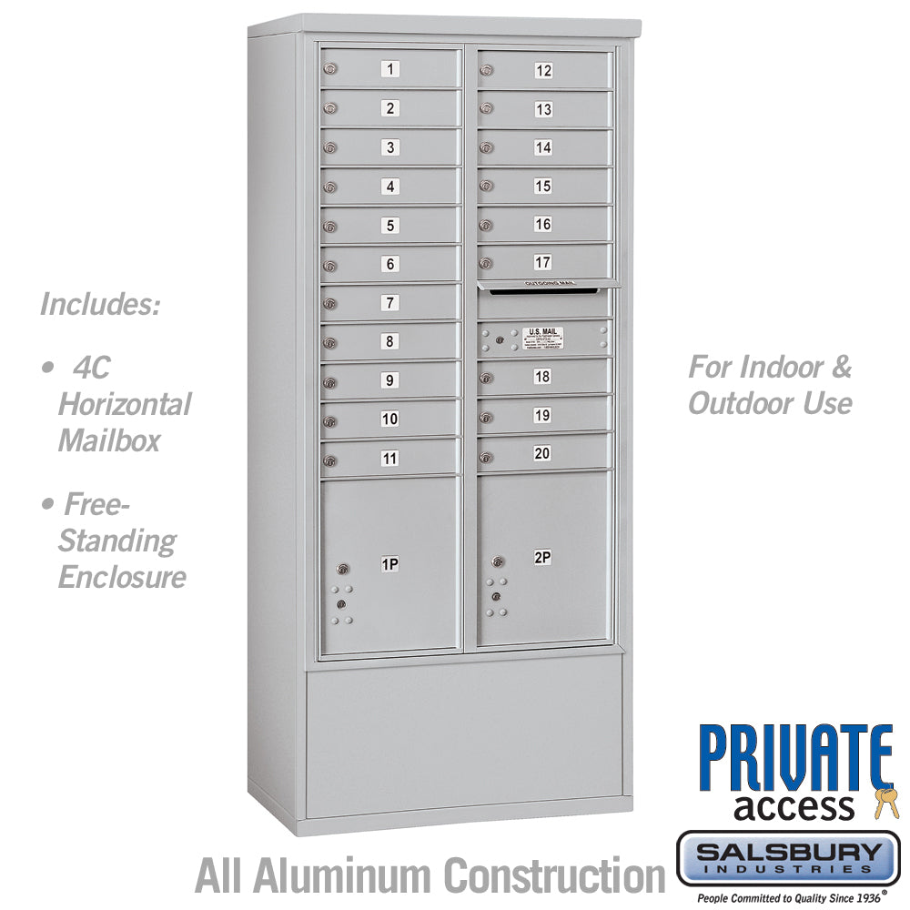 Maximum Height Free-Standing 4C Horizontal Mailbox with 20 Doors and 2 Parcel Lockers in Aluminum with Private Access