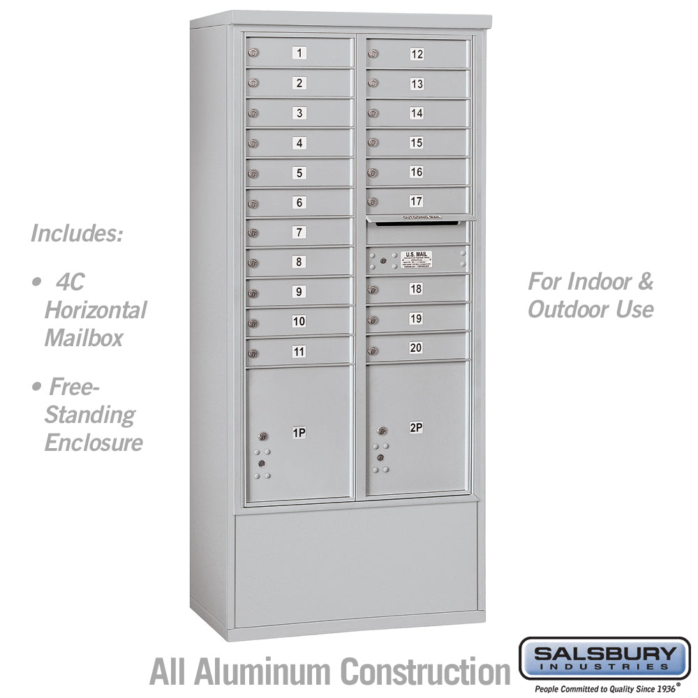 Maximum Height Free-Standing 4C Horizontal Mailbox with 20 Doors and 2 Parcel Lockers in Aluminum with USPS Access